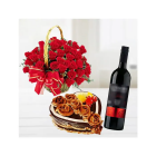 Basket Arrangement Of 60 Red Roses With Heart Shape Chocolate Cake With Exotic Fruit Topping With Bottle Of Wine