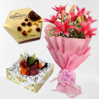 Box Of Rich Cadbury Assorted Chocolates With Bouquet Of 5 Pink Asiatic Lilies With Pineapple Fresh Cream Cake With Exotic Fruits Topping