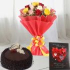 BUNCH OF 8 MIX ROSES HALF KG CHOCO CHIPS FRESH CREAM CAKE VALENTINE DAY CARD