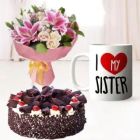 HALF KG BLACK FOREST COOL CAKE PHOTO MUG WITH BUNCH OF EXOTIC MIX FLOWERS