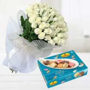 1 KG ASSORTED SWEETS FROM HALDIRAM WITH BUNCH OF 30 WHITE ROSES