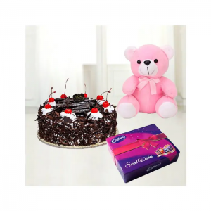 Blackforest Cake With 6 Inch Pink Colour Teddy bear With Box Of Celebrations Chocolates