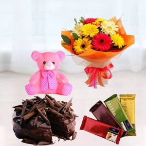 Bunch Of Mix Colour Gerberas, Set Of 4 Temptations Chocolates, Premium Quality Chocolate Truffle Cake, With 1 Feet Height Teddy bear