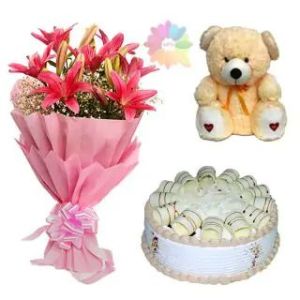 BUNCH OF 5 PINK LILIES WITH CHOCO VANILLA CAKE 6 INCH HEIGHT TEDDY BEAR