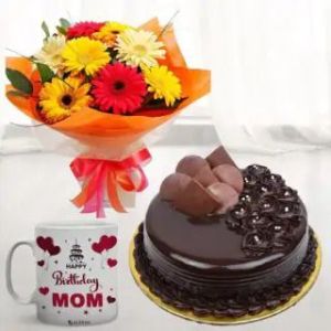 BUNCH OF MIX GERBERAS HALF KG DOUBLE CHOCOLATE CAKE WITH PHOTO MUG